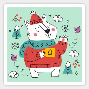 Cosy Polar Bear in Hat and Scarf Winter Fun Magnet